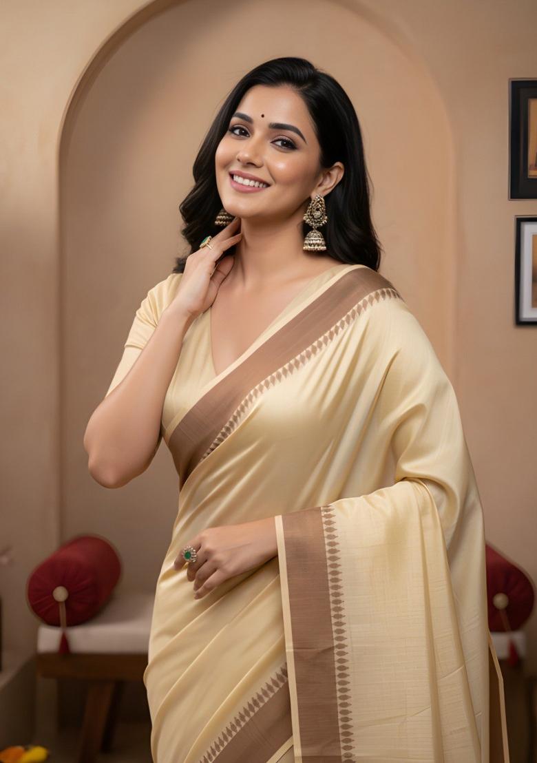 Cream Plain Manipuri Kalam Saree With Blouse - Indya