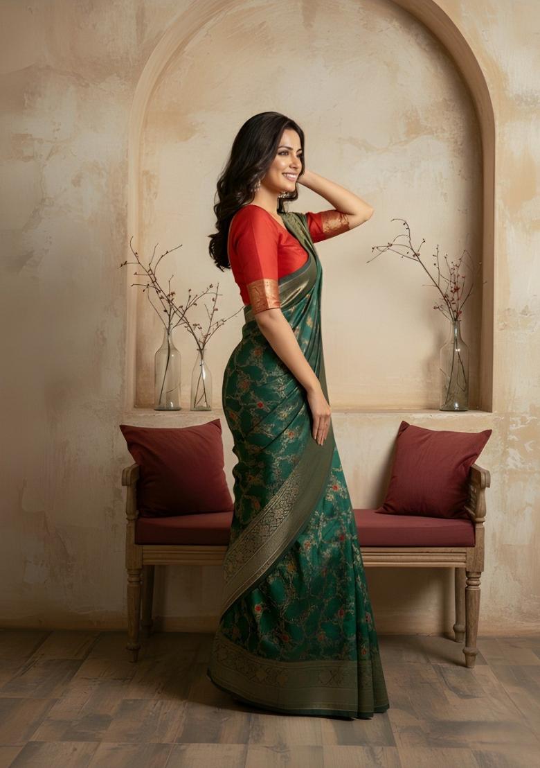 Green Zari Work Silk Saree With Blouse - Indya