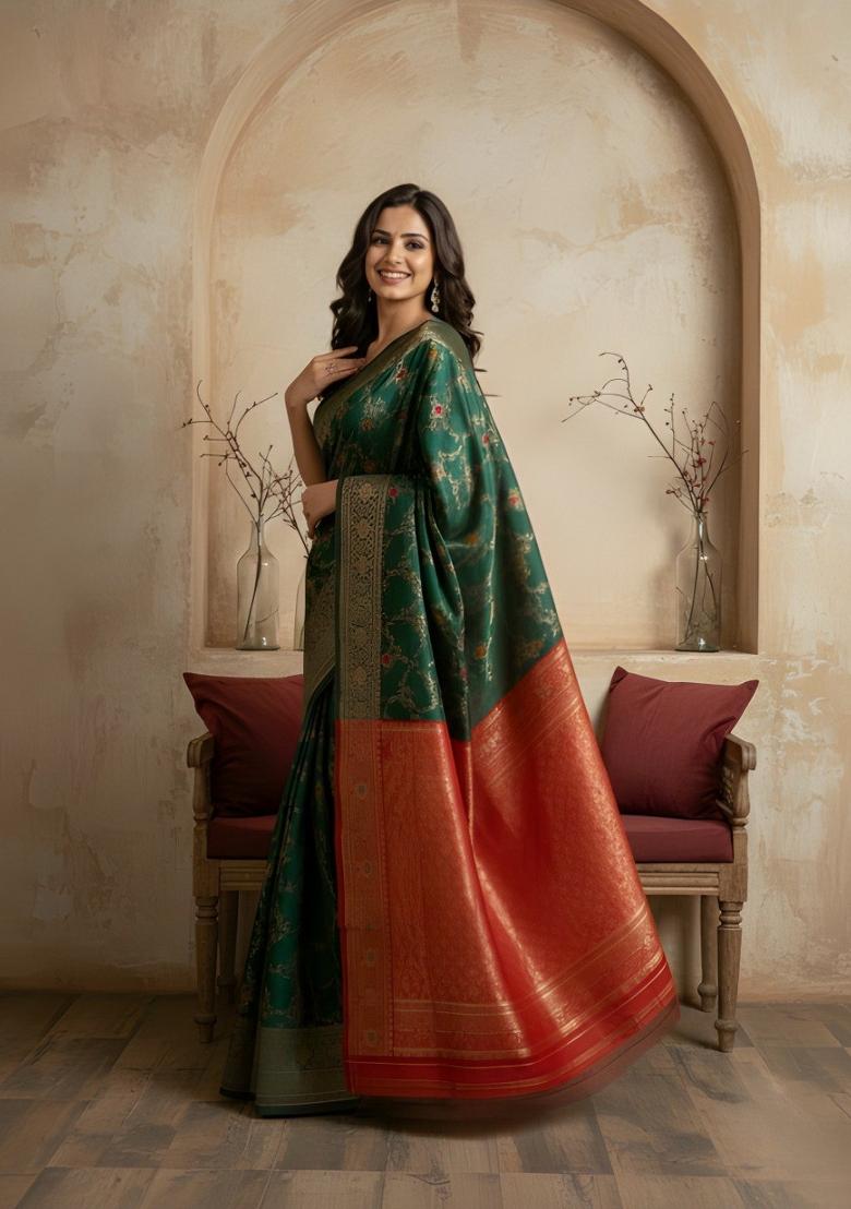 Green Zari Work Silk Saree With Blouse - Indya
