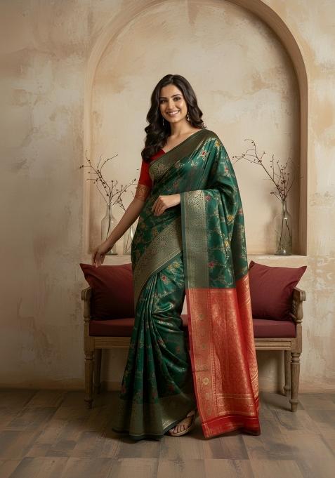 Green Zari Work Silk Saree With Blouse