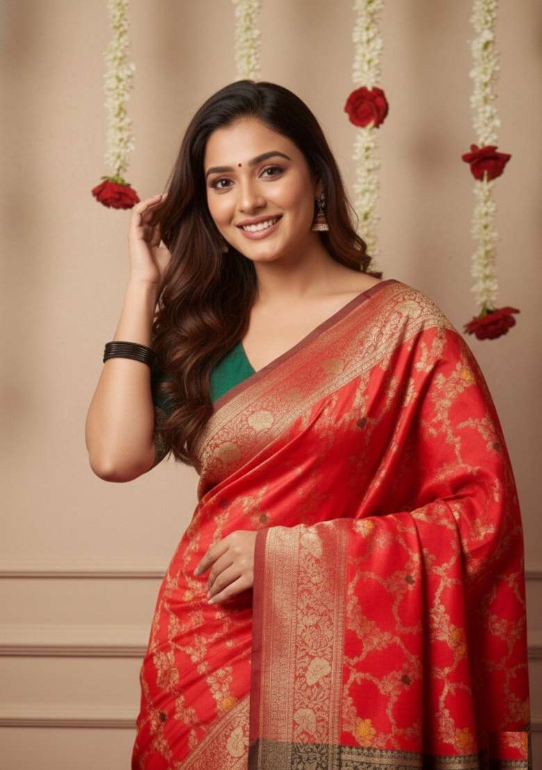Red Zari Work Silk Blend Saree With Blouse - Indya