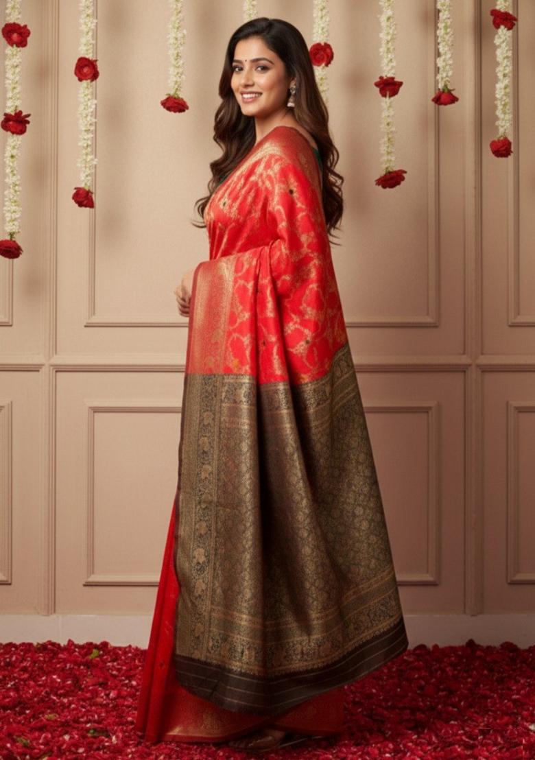 Red Zari Work Silk Saree With Blouse - Indya