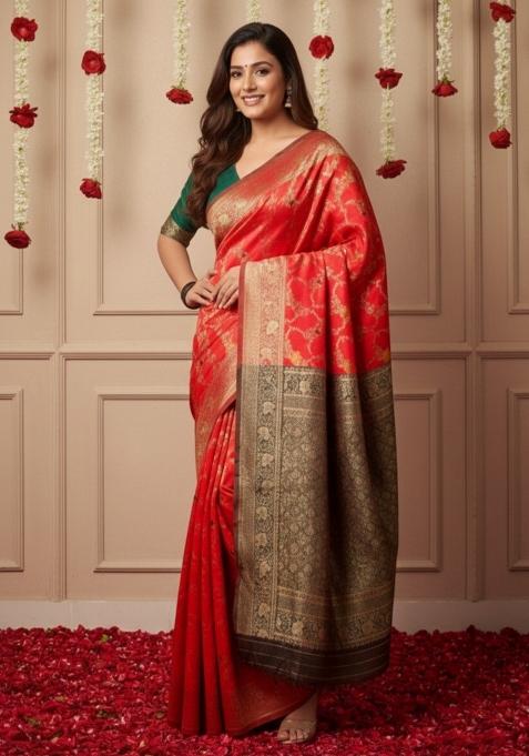 Red Zari Work Silk Saree With Blouse — view on Indya
