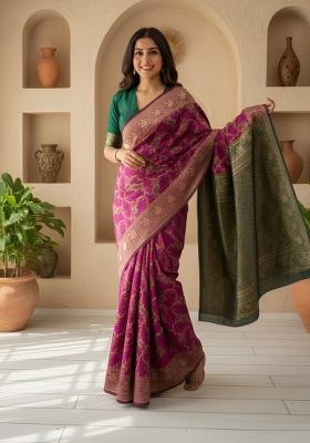 Wine Zari Work Silk Saree With Blouse