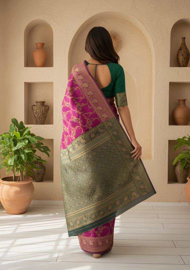 Wine Zari Work Silk Saree With Blouse - Indya