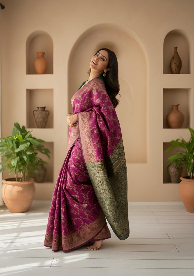 Wine Zari Work Silk Saree With Blouse - Indya