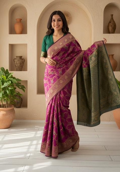 Wine Zari Work Silk Saree With Blouse