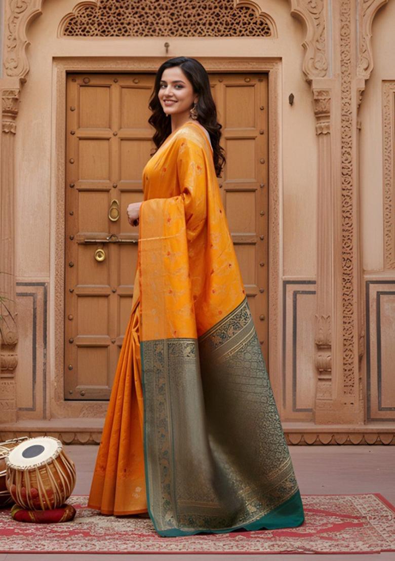 Mustard Zari Work Silk Saree With Blouse - Indya