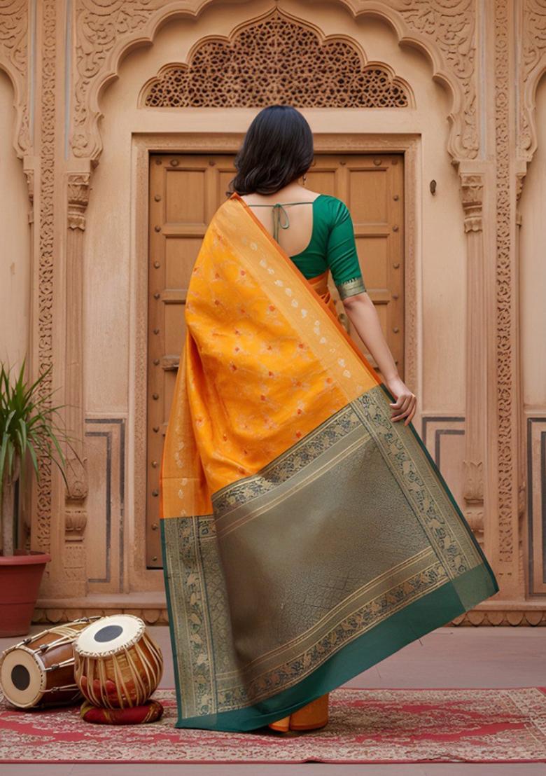 Mustard Zari Work Silk Saree With Blouse - Indya