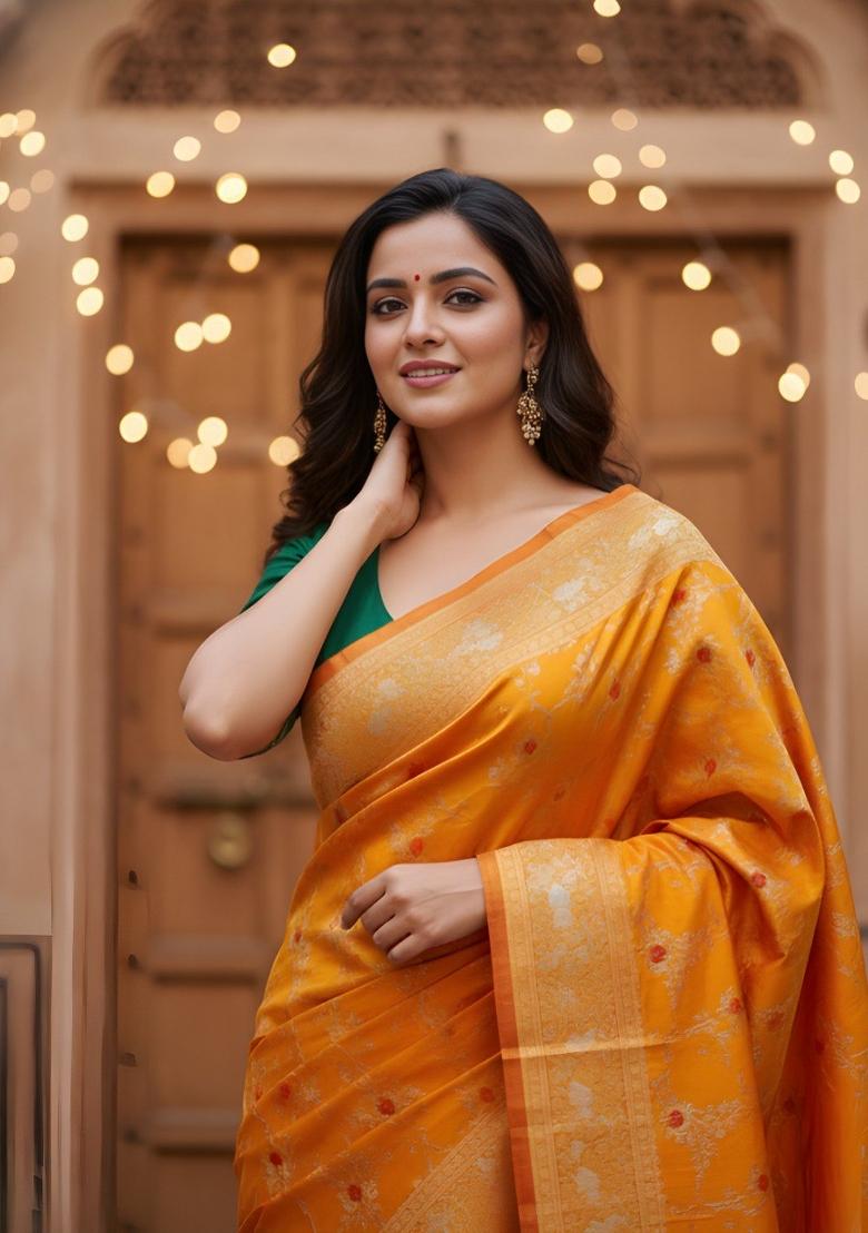 Mustard Zari Work Silk Saree With Blouse - Indya