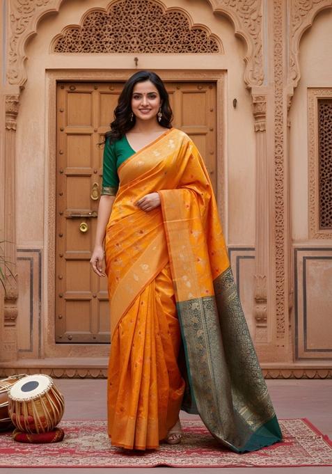 Mustard Zari Work Silk Blend Saree With Blouse