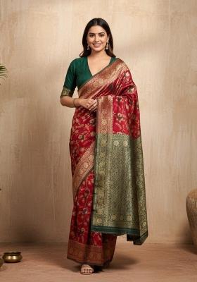 Red Zari Work Silk Saree With Blouse