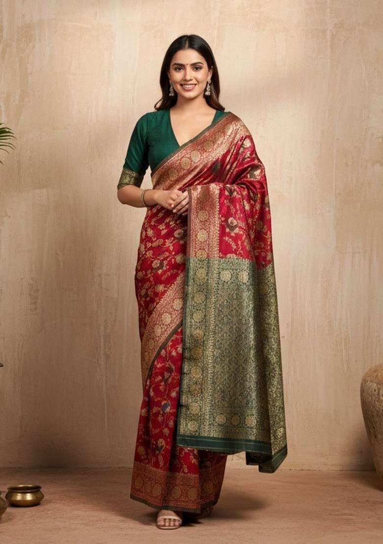 Red Zari Work Silk Blend Saree With Blouse - Indya