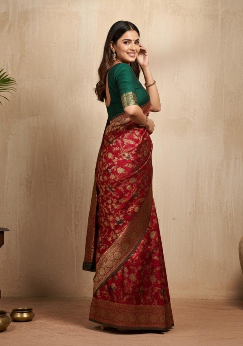 Red Zari Work Silk Saree With Blouse - Indya