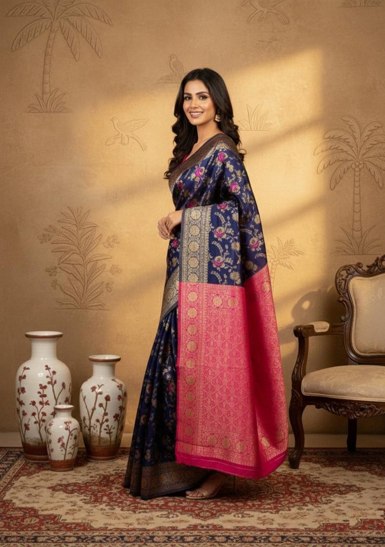 Blue Zari Work Silk Saree With Blouse - Indya