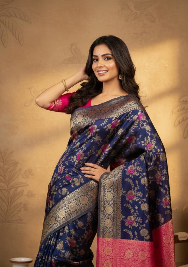 Blue Zari Work Silk Saree With Blouse - Indya
