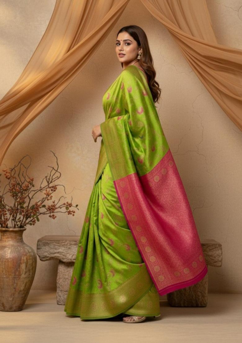 Light Green Zari Work Silk Saree With Blouse - Indya