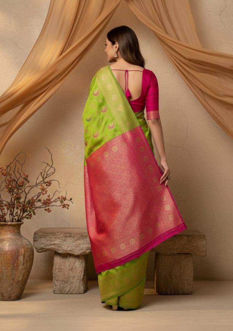 Light Green Zari Work Silk Saree With Blouse - Indya