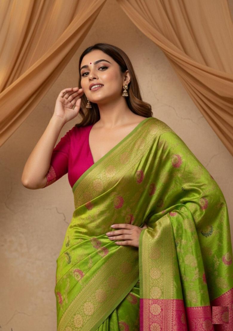 Light Green Zari Work Silk Saree With Blouse - Indya