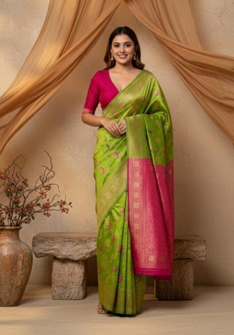 Light Green Zari Work Silk Saree With Blouse — view on Indya