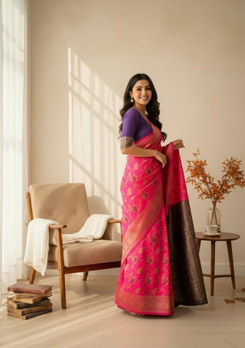 Pink Zari Work Silk Saree With Blouse - Indya