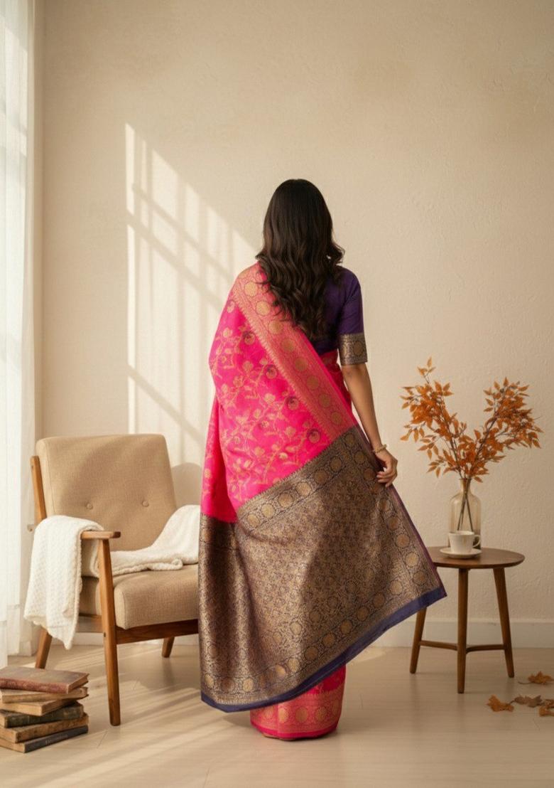 Pink Zari Work Silk Saree With Blouse - Indya