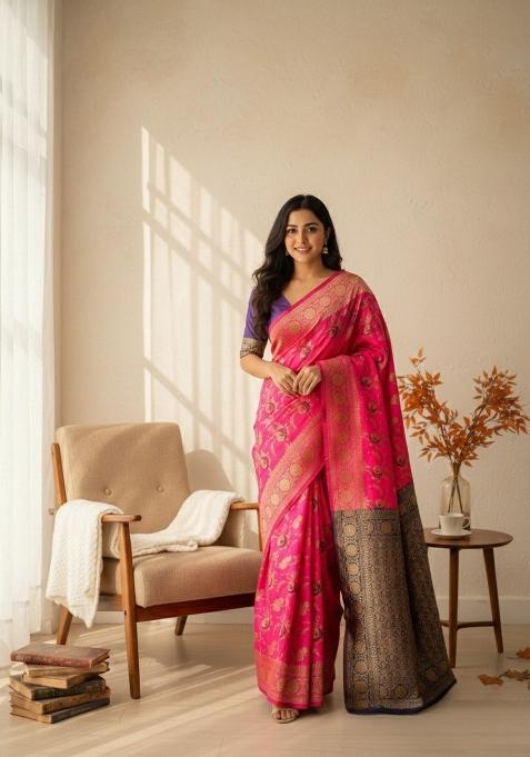 Pink Zari Work Silk Saree With Blouse — view on Indya