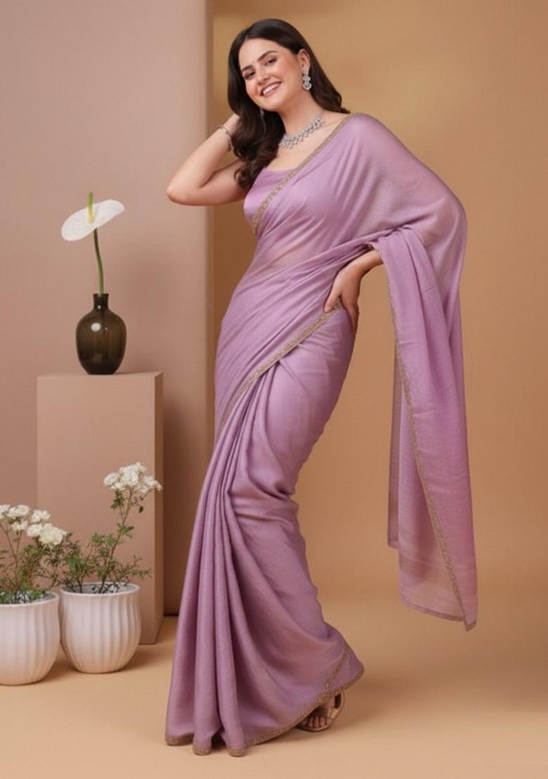 Lavender Border Lace Chanderi Saree With Blouse - Indya