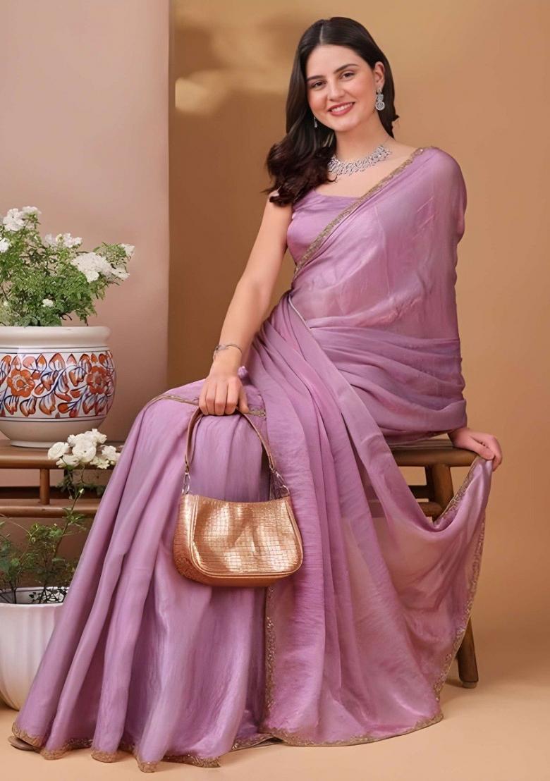 Lavender Border Lace Chanderi Saree With Blouse - Indya