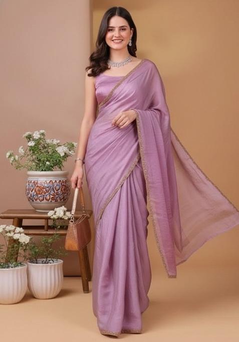 Lavender Border Lace Chanderi Saree With Blouse
