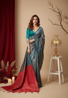 Teal Blue Zari Work Silk Saree With Blouse