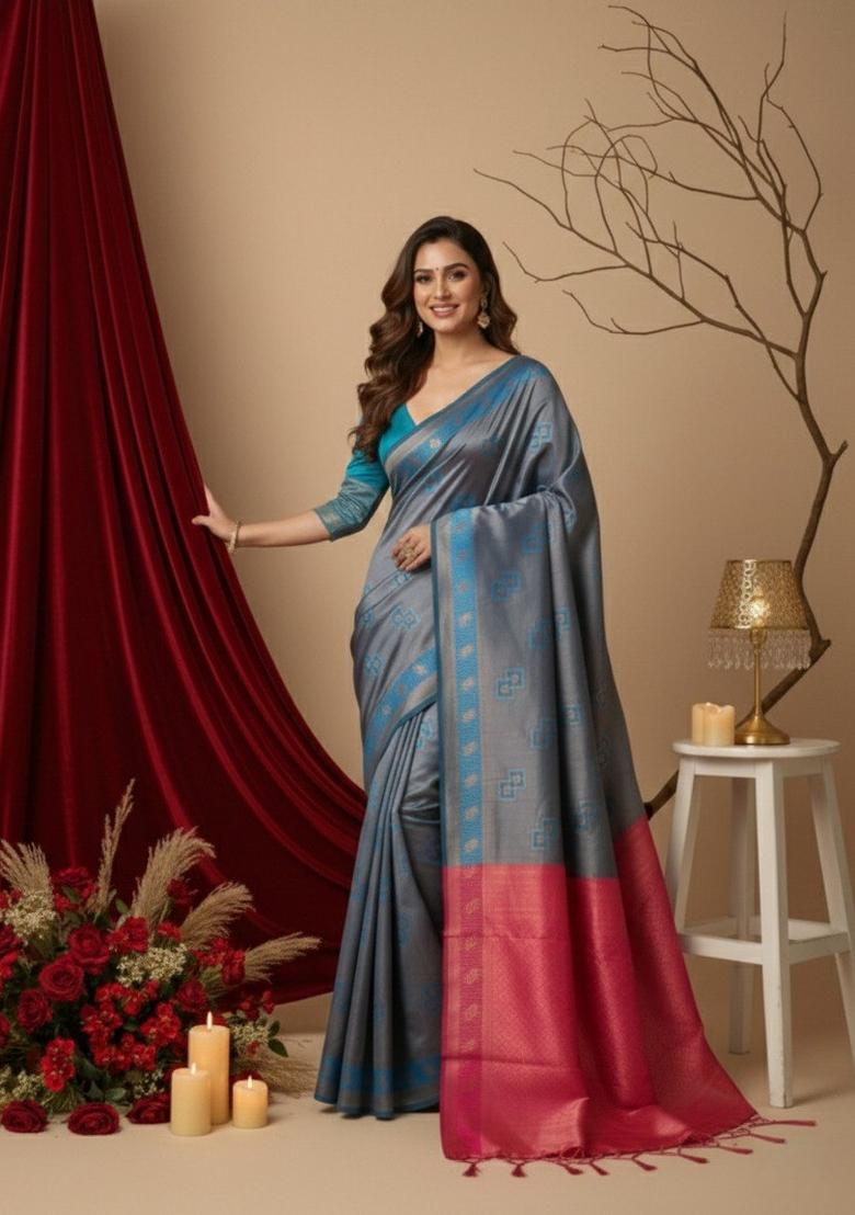 Teal Blue Zari Work Silk Saree With Blouse - Indya