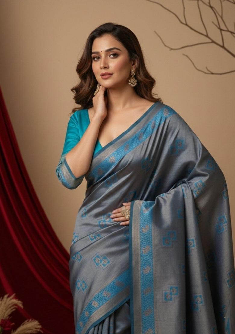 Teal Blue Zari Work Silk Saree With Blouse - Indya