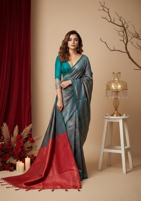 Teal Blue Zari Work Silk Saree With Blouse