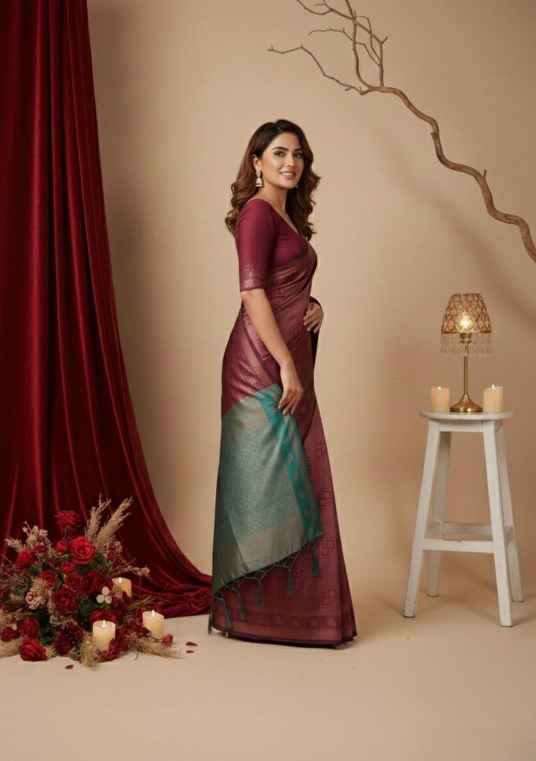 Maroon Zari Work Silk Saree With Blouse - Indya