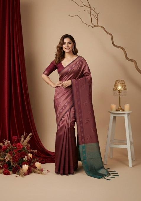Maroon Zari Work Silk Saree With Blouse — view on Indya