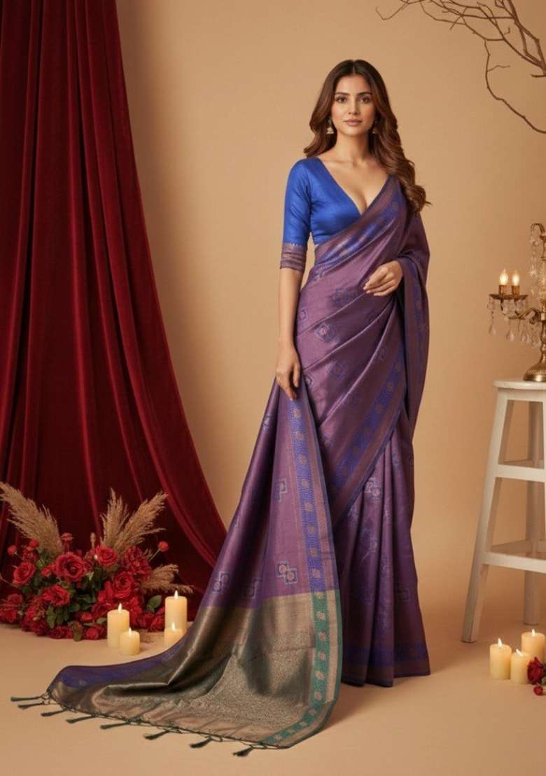 Purple With Blouse Silk Blend Saree with Zari Work for Diwali | Wedding & Festive Wear - Indya