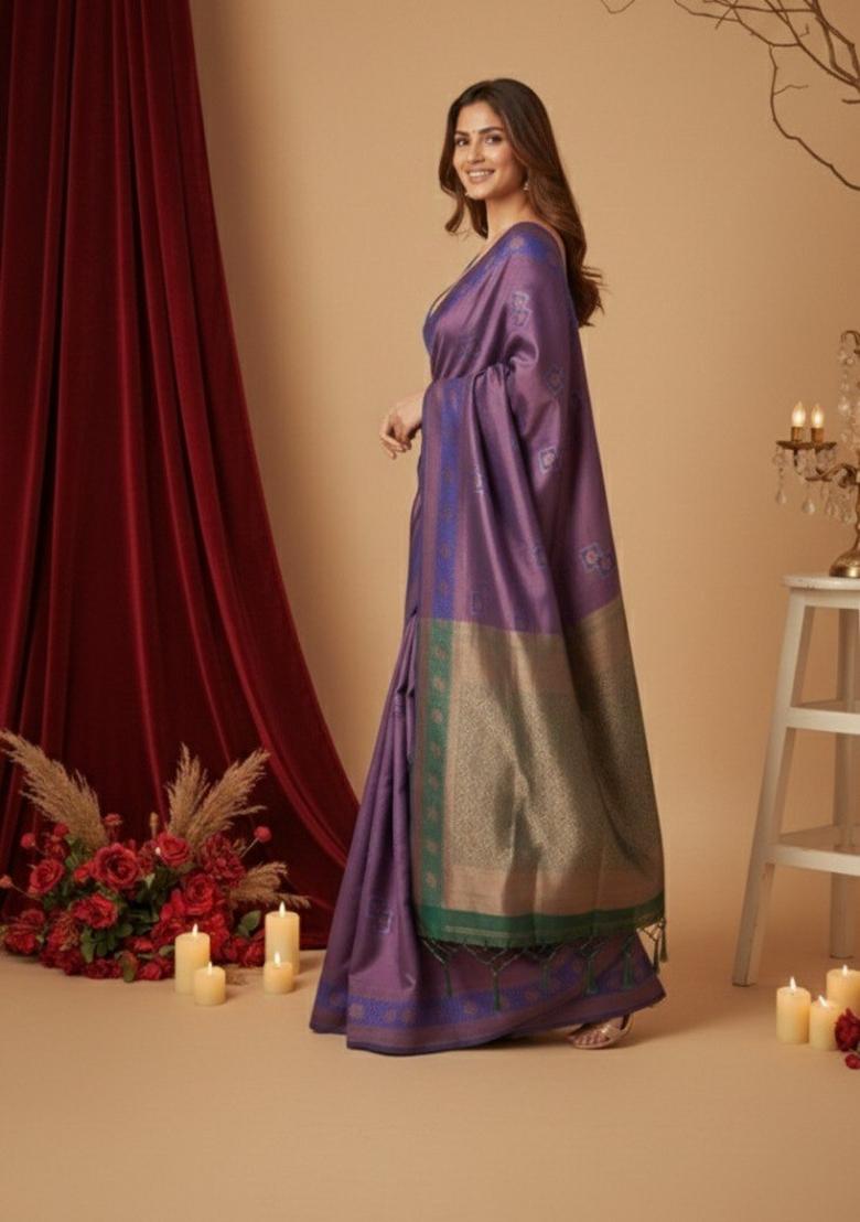 Purple Zari Work Silk Saree With Blouse - Indya
