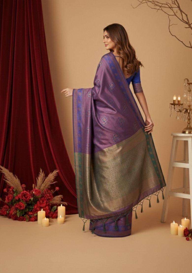 Purple Zari Work Silk Saree With Blouse - Indya