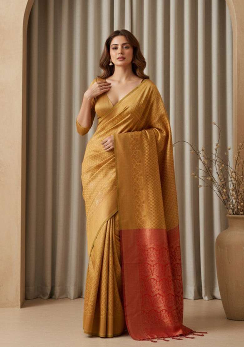 Mustard Zari Work Silk Blend Saree With Blouse for Diwali and Festive Wear - Indya