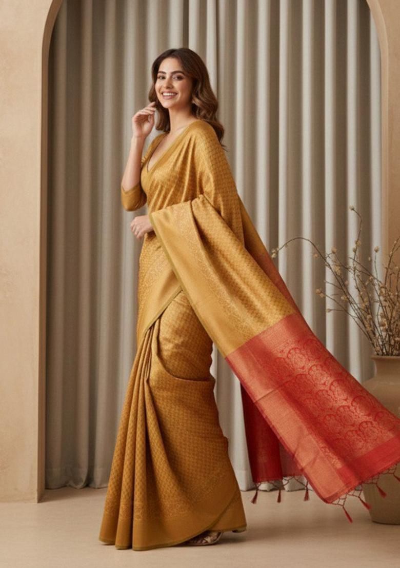 Mustard Zari Work Silk Saree With Blouse - Indya