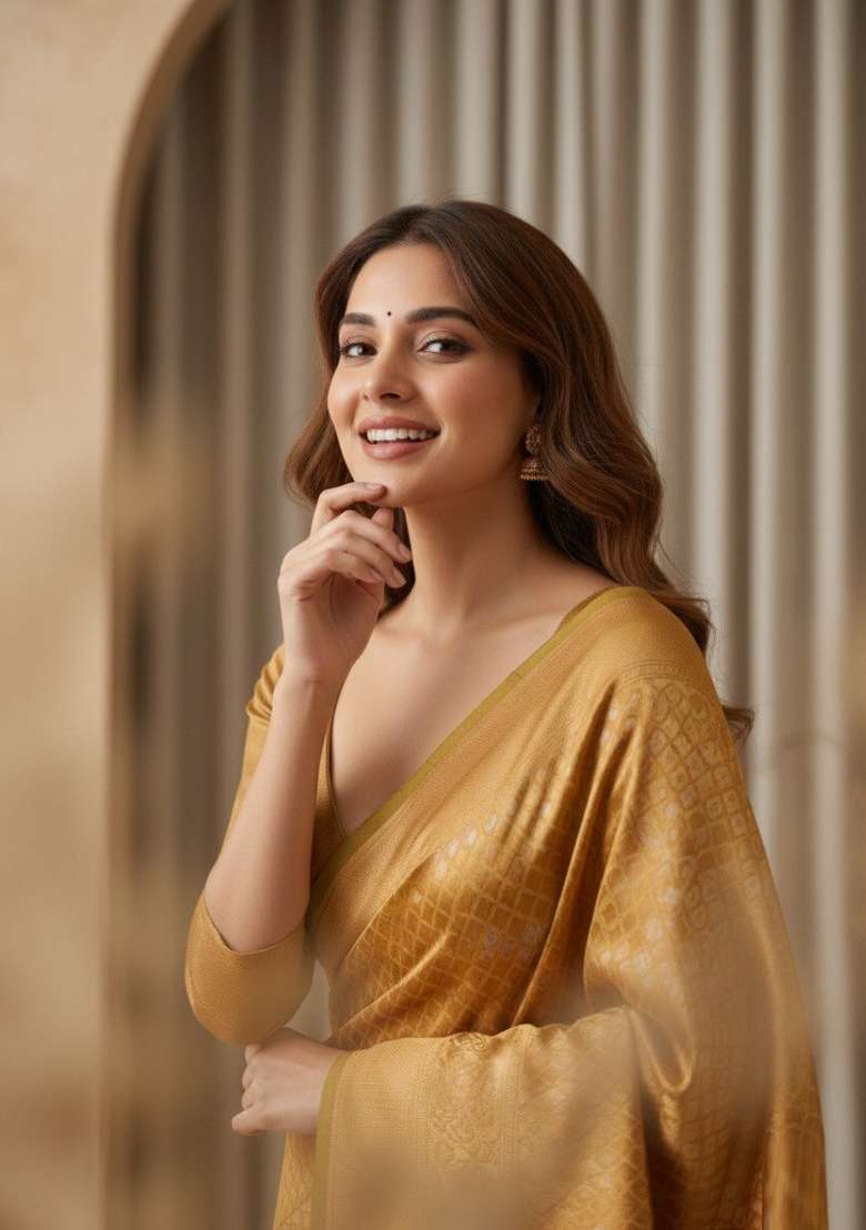 Mustard Zari Work Silk Blend Saree With Blouse for Diwali and Festive Wear - Indya