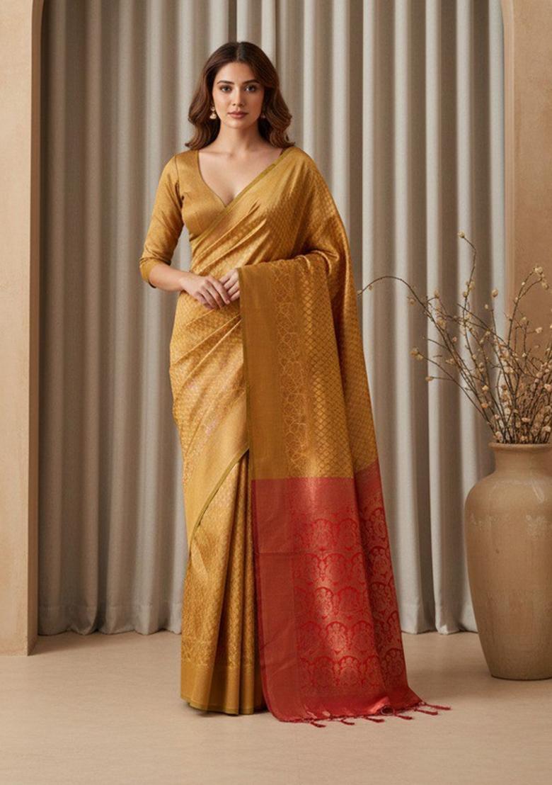 Mustard Zari Work Silk Saree With Blouse - Indya