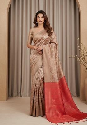 Beige Zari Work Silk Saree With Blouse