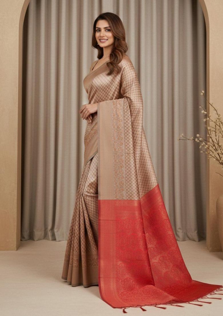 Beige Zari Work Silk Saree With Blouse - Indya