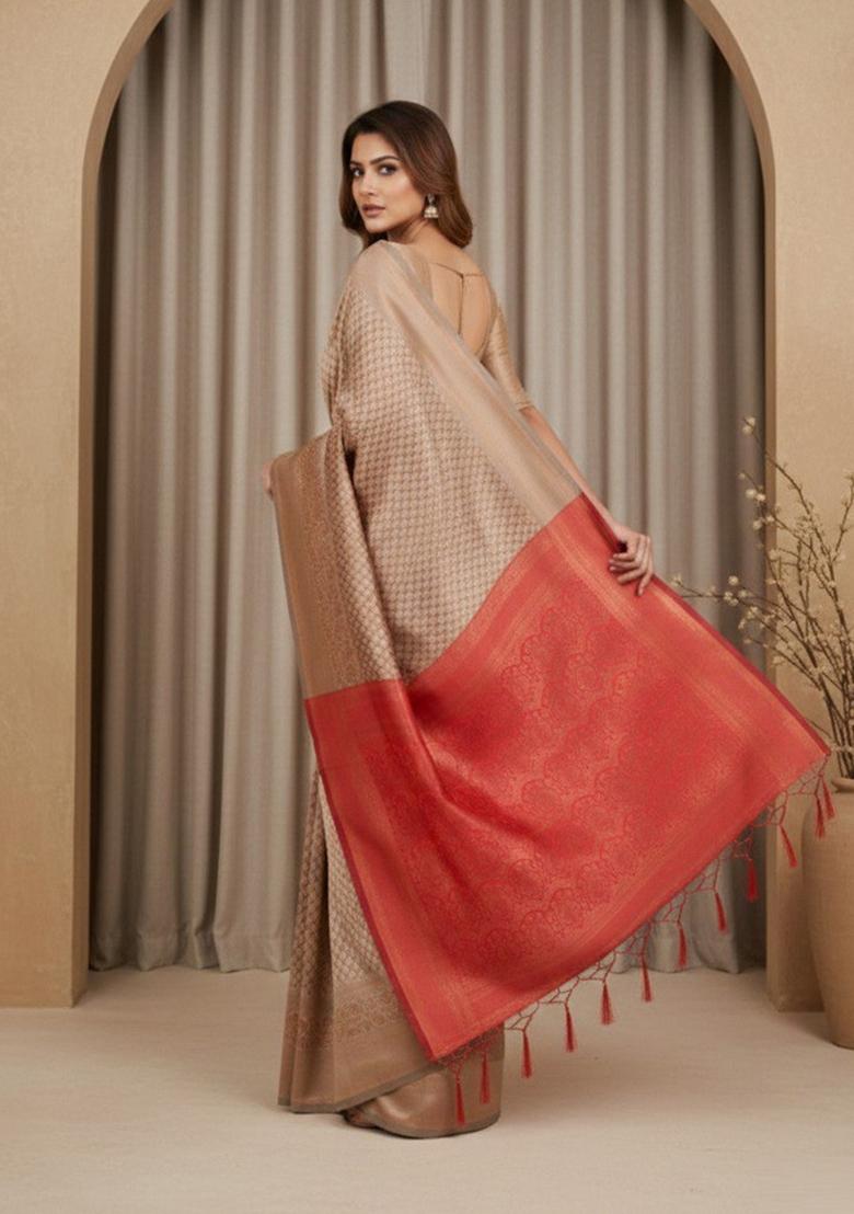 Beige Zari Work Silk Saree With Blouse - Indya