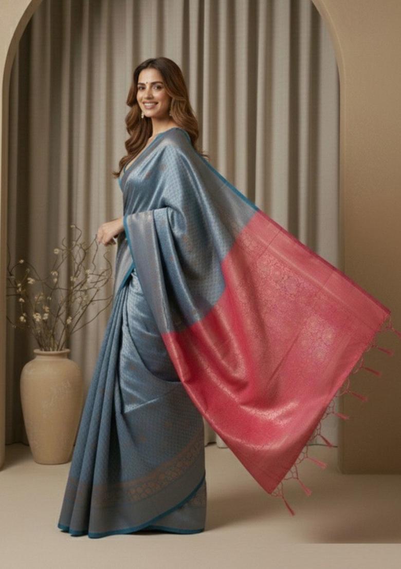 Blue Zari Work Silk Saree With Blouse - Indya