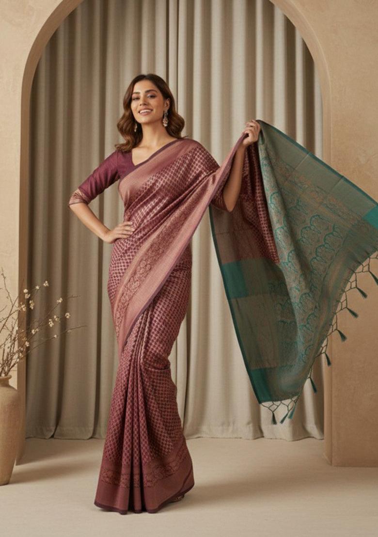Maroon Zari Work Silk Saree With Blouse - Indya