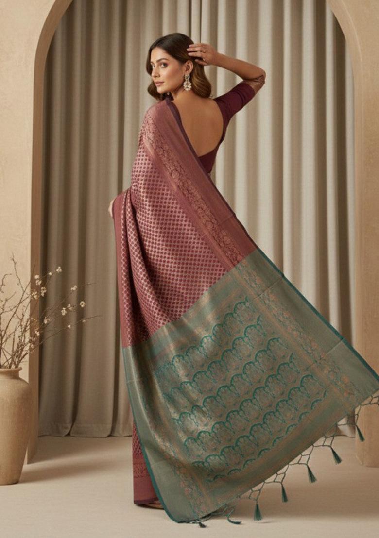 Maroon Zari Work Silk Saree With Blouse - Indya