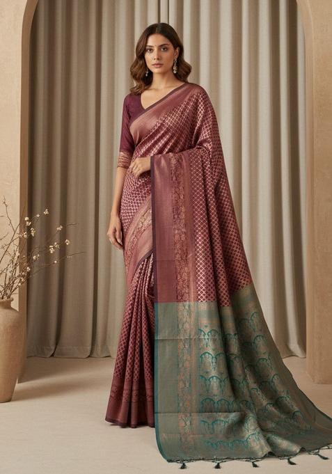 Maroon Zari Work Silk Saree With Blouse — view on Indya